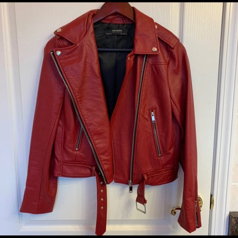 SOLD Zara Red Leather Jacket with Zippers